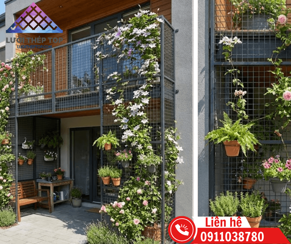 Hệ thống khung lưới thép hàn mạ kẽm với các ô lưới đều đặn, đóng vai trò là bộ khung xương chịu lực vững chắc cho giàn cây leo