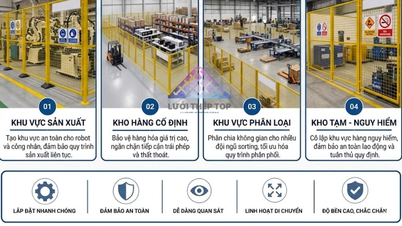 Vách ngăn lưới thép nhà xưởng bảo vệ khu vực máy móc công nghiệp - Lưới Thép Top