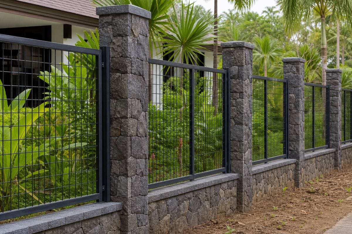 Hàng rào kết hợp lưới thép hàn và đá tự nhiên ốp trụ