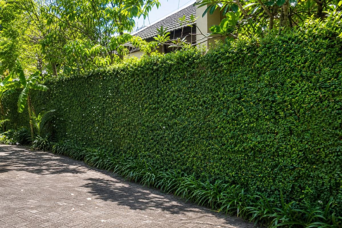 Hàng rào lưới thép hàn kín cây xanh thảm thực vật nhà vườn