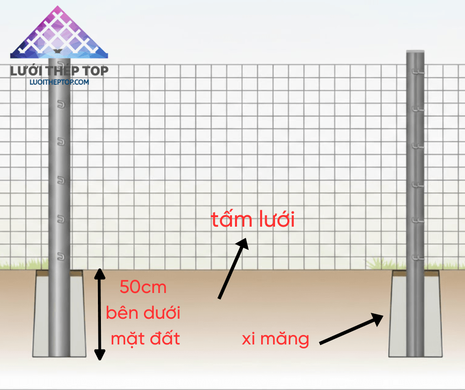 Thi công hàng rào lưới thép hàn phương pháp chôn cột bê tông