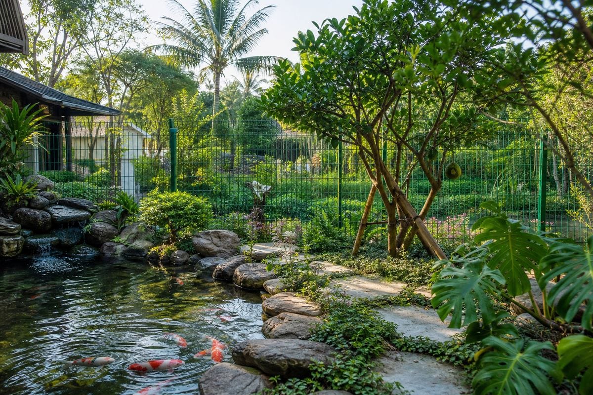 Hàng rào vườn sau biệt thự kết hợp cây xanh