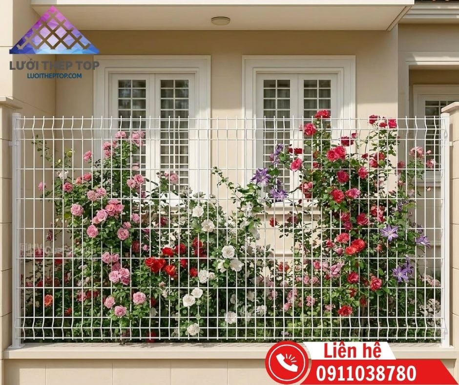Hàng rào lưới thép hàn đẹp cho nhà cấp 4 trồng hoa leo