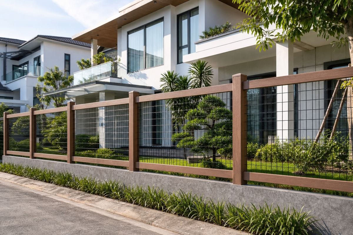 Hàng rào kết hợp lưới thép hàn và gỗ nhựa composite