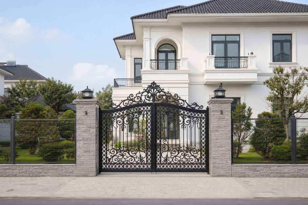 Hàng rào lưới thép hàn kết hợp cổng nhôm đúc tân cổ điển