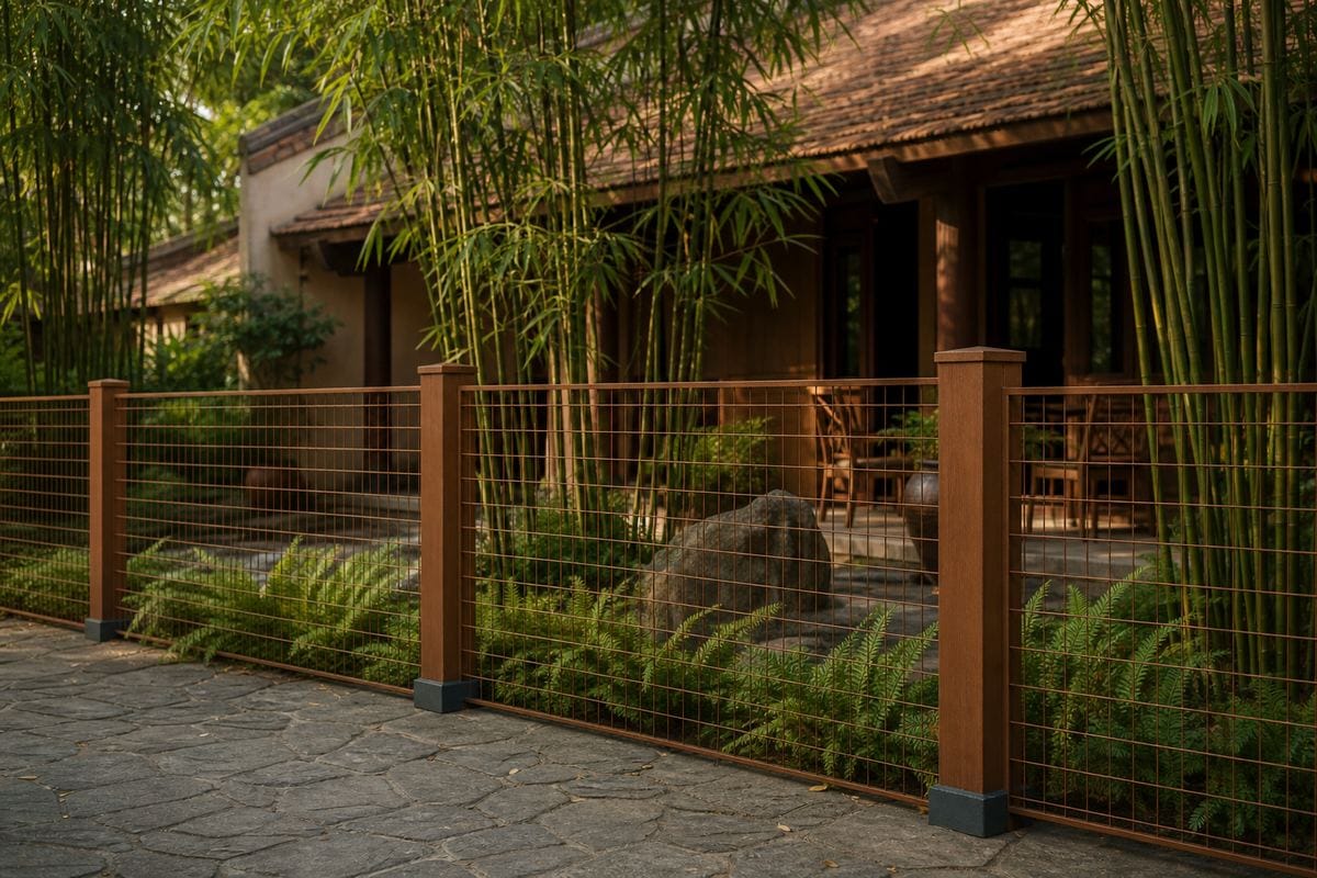 Hàng rào lưới thép hàn màu nâu đồng biệt thự phong cách gỗ