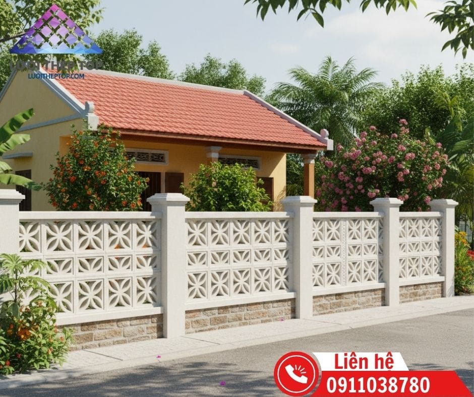 Mẫu tường rào xây gạch đẹp kết hợp bông gió thoáng mát cho nhà cấp 4.