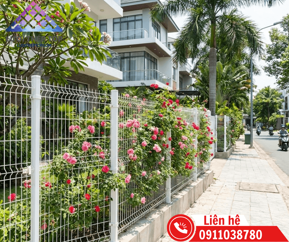 mẫu hàng rào xanh hiện đại, là sự kết hợp hoàn hảo giữa cây dây leo phủ kín trên khung lưới thép hàn vững chắc, xu hướng thiết kế năm 2026.