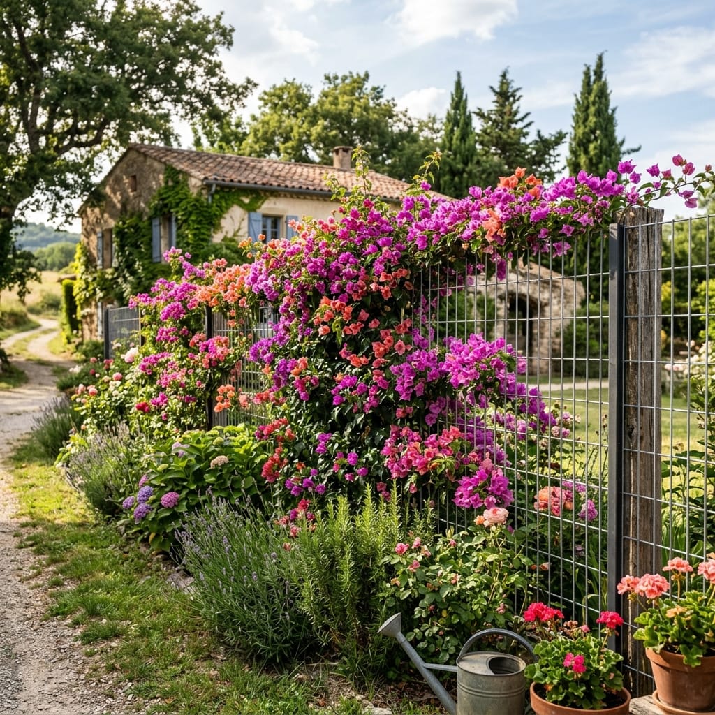 Hàng rào kết hợp hoa leo bougainvillea