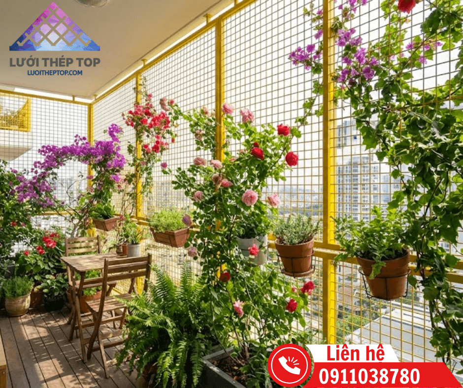 Giải pháp "vườn thẳng đứng" sử dụng giàn lưới thép cho cây leo bám vào, giúp tiết kiệm diện tích cho nhà phố chật hẹp