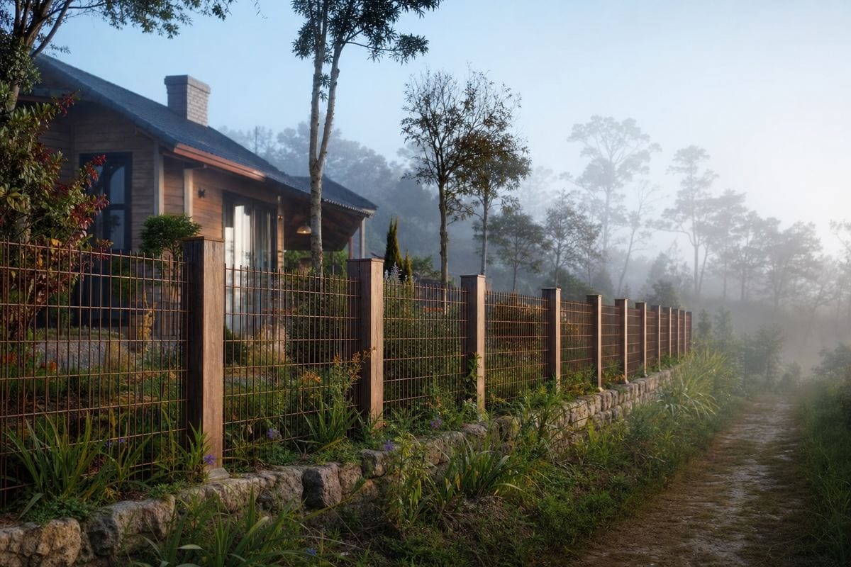 Hàng rào lưới thép hàn màu nâu farmhouse nhà vườn miền núi