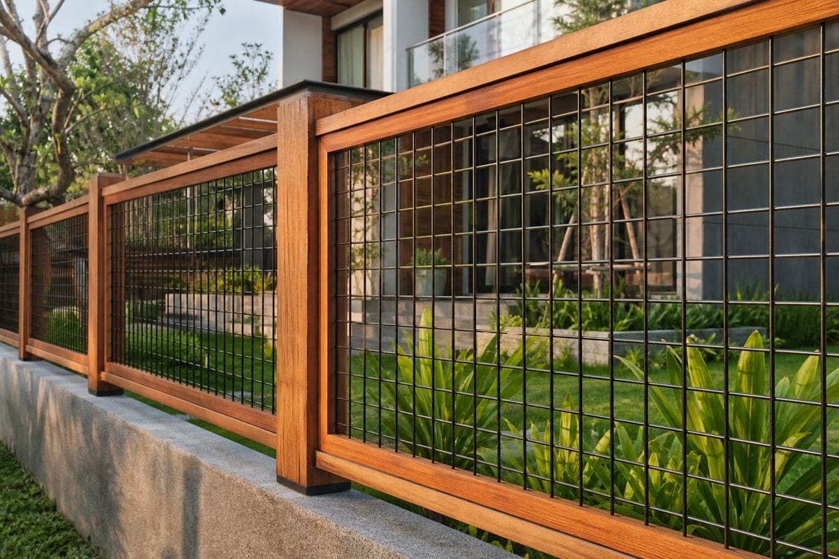 Hàng rào kết hợp lưới thép hàn và gỗ tự nhiên biệt thự
